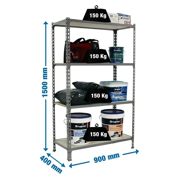 Simonrack Maderclick Estantería metálica - L x An x Al: 40 x 90 x 150 cm, Capacidad de carga: 150 kg/balda, Número de baldas: 4 ud., Inserción, Gris - Dibujo técnico