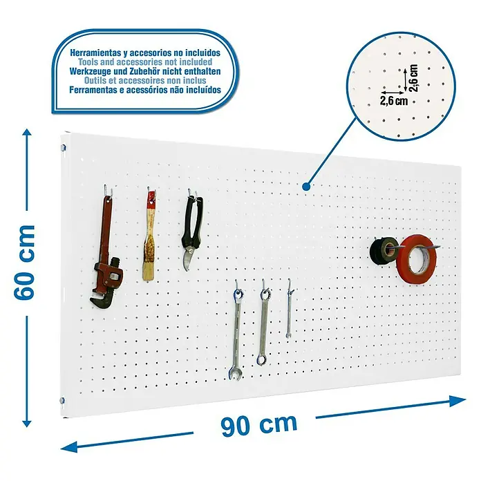 Simonrack Panelclick Panel perforado con 8 ganchos - L x An: 90 x 60 cm, Blanco - Dibujo técnico