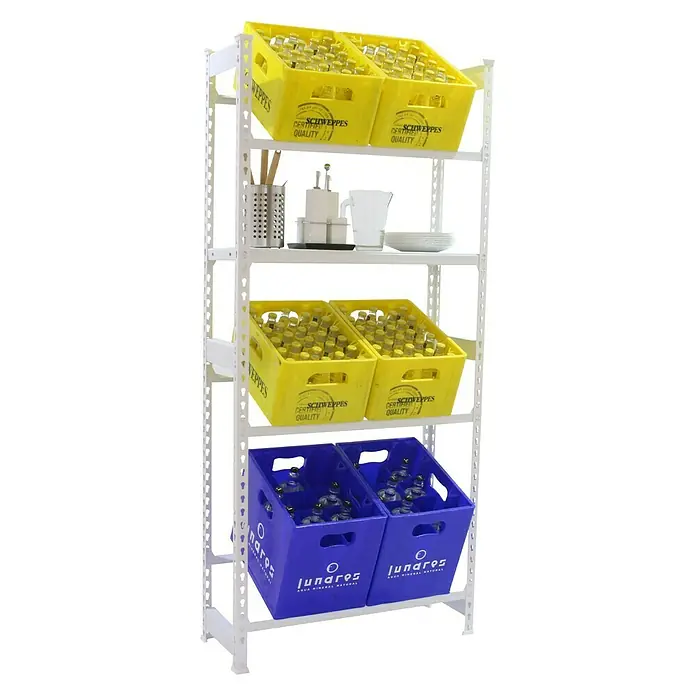 Simonrack Simonbottle Estantería para cajas de bebidas Shelf - L x An x Al: 30 x 80 x 100 cm, Capacidad de carga: 100 kg/balda, Número de baldas: 4 ud., Blanco - Producto en uso