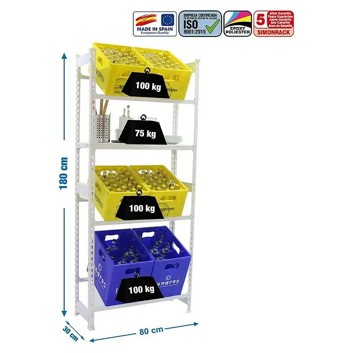Simonrack Simonbottle Estantería para cajas de bebidas Shelf - L x An x Al: 30 x 80 x 100 cm, Capacidad de carga: 100 kg/balda, Número de baldas: 4 ud., Blanco - Dibujo técnico