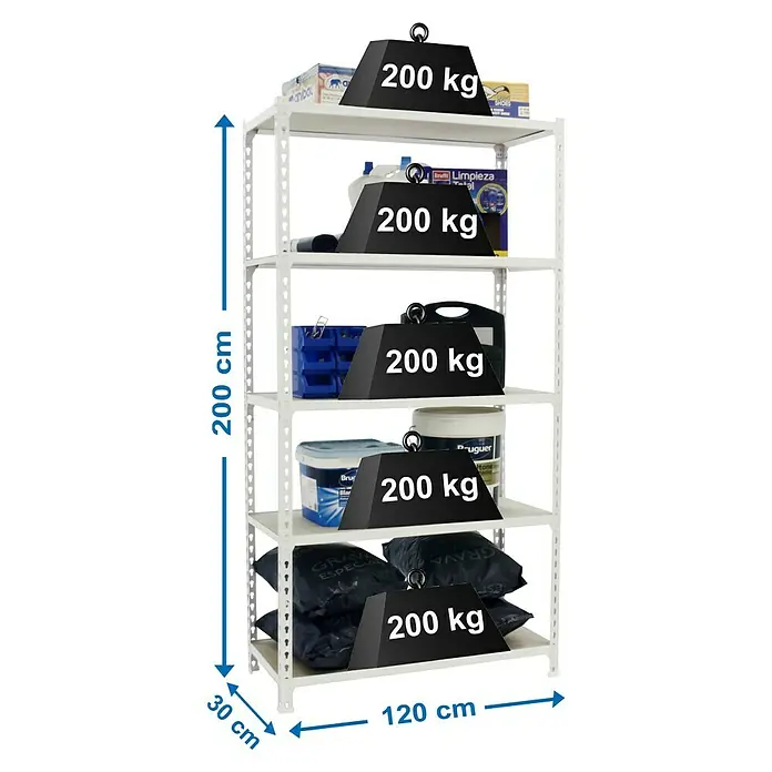 Simonrack Maderclick Estantería metálica Megaplus - L x An x Al: 30 x 120 x 200 cm, Capacidad de carga: 200 kg/balda, Número de baldas: 5 ud., Inserción, Blanco - Dibujo técnico
