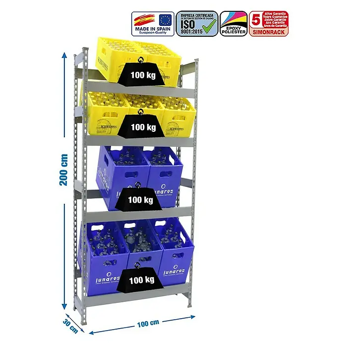 Simonrack Simonbottle Estantería para cajas de bebidas - L x An x Al: 30 x 100 x 200 cm, Capacidad de carga: 100 kg/balda, Número de baldas: 4 ud., Gris - Dibujo técnico