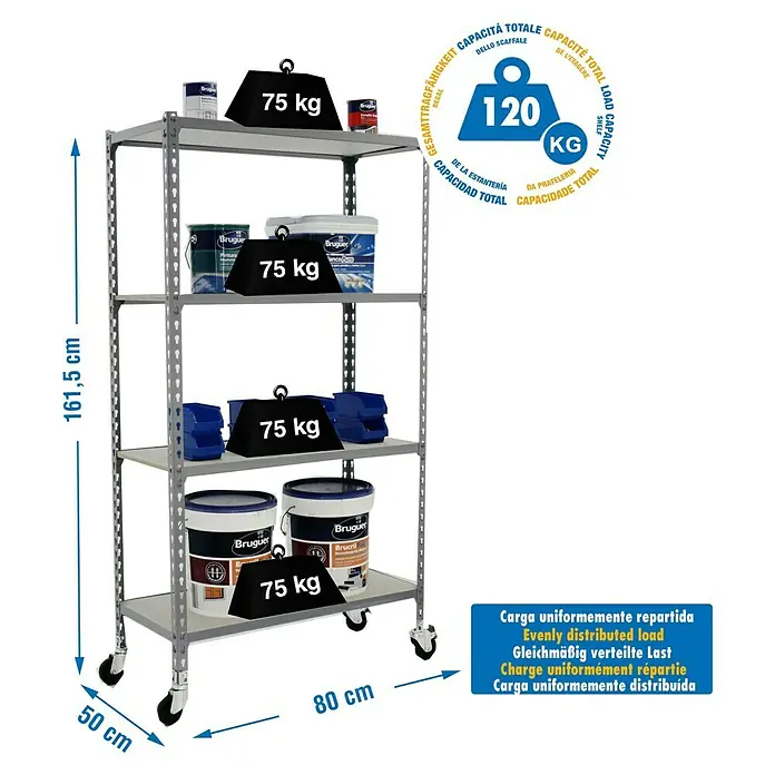 Simonrack Maderclick Estantería metálica Mobile Mini - L x An x Al: 50 x 80 x 157,5 cm, Capacidad de carga: 75 kg/balda, Número de baldas: 4 ud., Inserción, Gris - Dibujo técnico