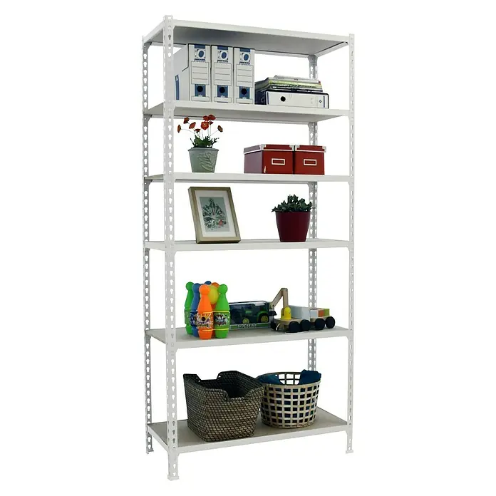 Simonrack Maderclick Estantería metálica Mini - L x An x Al: 50 x 120 x 200 cm, Capacidad de carga: 150 kg/balda, Número de baldas: 6 ud., Blanco - Producto en uso