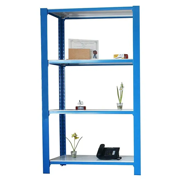 Simonrack Simonoffice Estantería para archivadores Officlick Wood Inicial - L x An x Al: 30 x 90 x 150 cm, Capacidad de carga: 200 kg/balda, Número de baldas: 4 ud., Azul/Blanco - Producto en uso