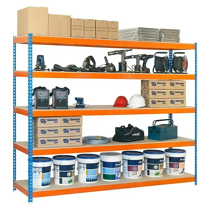 Simonrack Ecoforte Estantería para cargas pesadas Chipboard - L x An x Al: 60 x 150 x 300 cm, Capacidad de carga: 400 kg/balda, Número de baldas: 5 ud., Azul/Naranja - Producto en uso