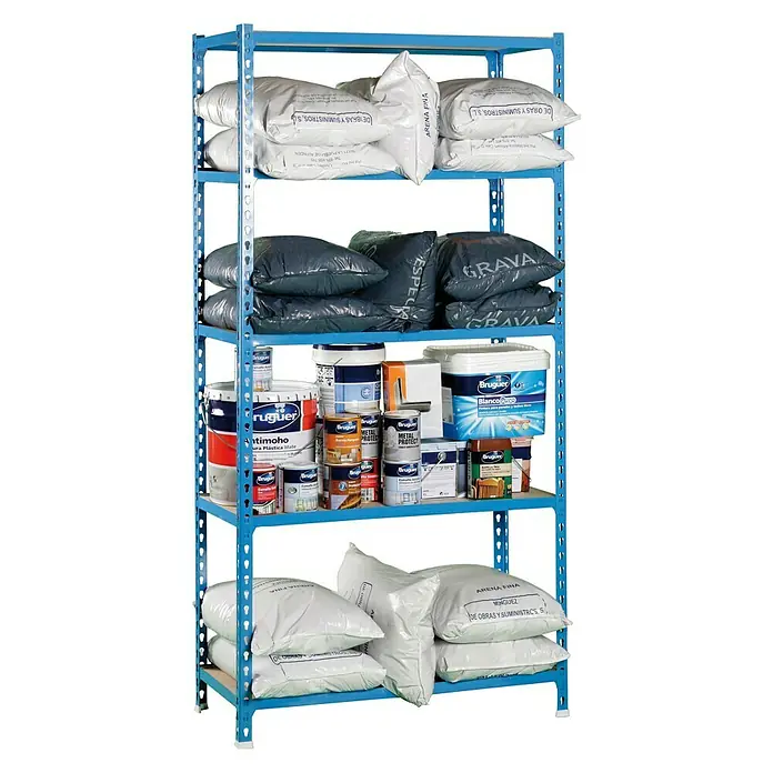 Simonrack Maderclick Estantería metálica Megaplus - L x An x Al: 50 x 120 x 200 cm, Capacidad de carga: 200 kg/balda, Número de baldas: 5 ud., Inserción, Azul - Producto en uso