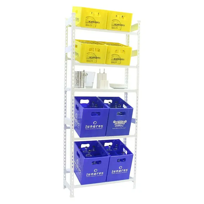 Simonrack Simonbottle Estantería para cajas de bebidas Shelf - L x An x Al: 30 x 80 x 200 cm, Capacidad de carga: 100 kg/balda, Número de baldas: 5 ud., Blanco - Producto en uso