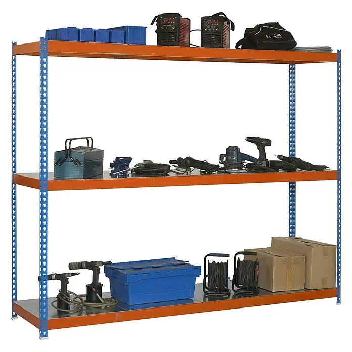 Simonrack Simonforte Estantería para cargas pesadas Metal - L x An x Al: 90 x 210 x 200 cm, Capacidad de carga: 400 kg/balda, Número de baldas: 3 ud., Azul/Naranja - Producto en uso