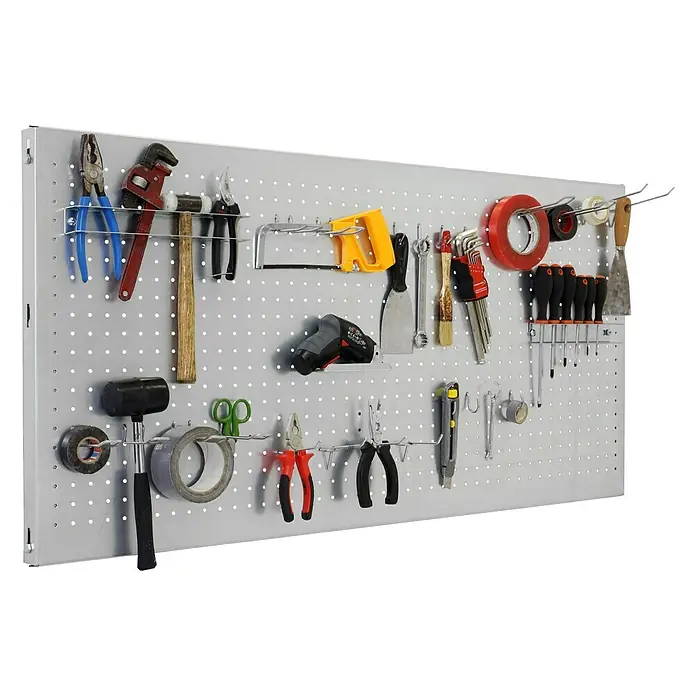 Simonrack Panelclick Panel perforado con 22 ganchos - L x An: 150 x 40 cm, Galvanizado - Producto en uso