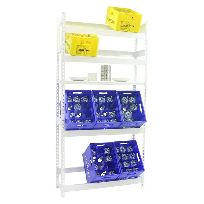 Simonrack Simonbottle Estantería para cajas de bebidas Shelf - L x An x Al: 30 x 100 x 200 cm, Capacidad de carga: 100 kg/balda, Número de baldas: 5 ud., Blanco - Producto en uso