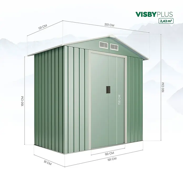 Hoggar Caseta para jardín Visby Plus - L x An x Al: 201 x 121 x 190 cm, Acero, Verde - Dibujo técnico