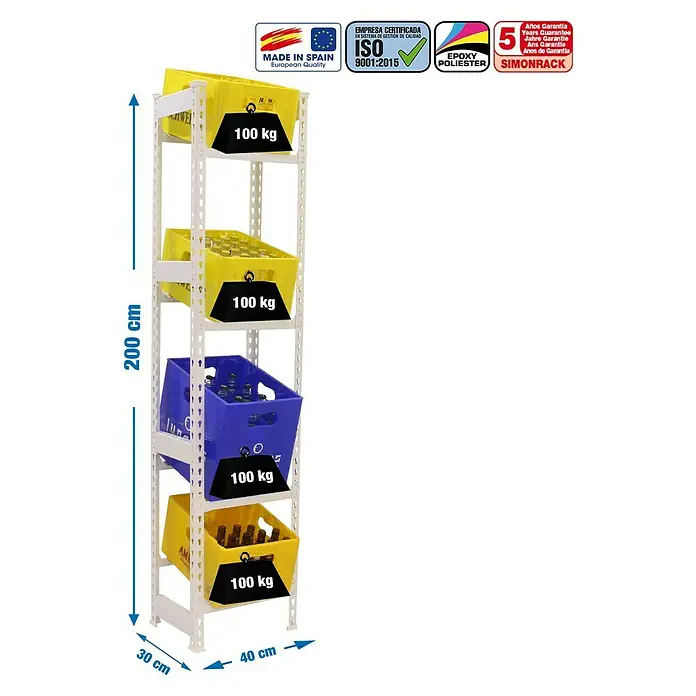 Simonrack Simonbottle Estantería para cajas de bebidas - L x An x Al: 30 x 40 x 200 cm, Capacidad de carga: 100 kg/balda, Número de baldas: 4 ud., Blanco - Dibujo técnico