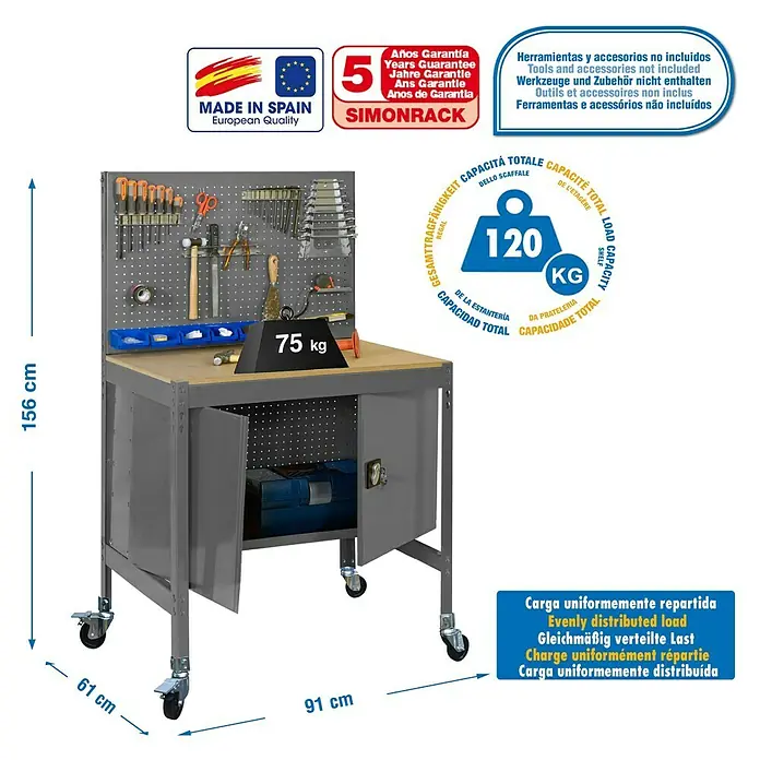 Simonrack Simonwork Banco de trabajo BT2 Locker Mobile - L x An x Al: 61 x 91 x 156 cm, Capacidad de carga: 120 kg, Gris - Dibujo técnico