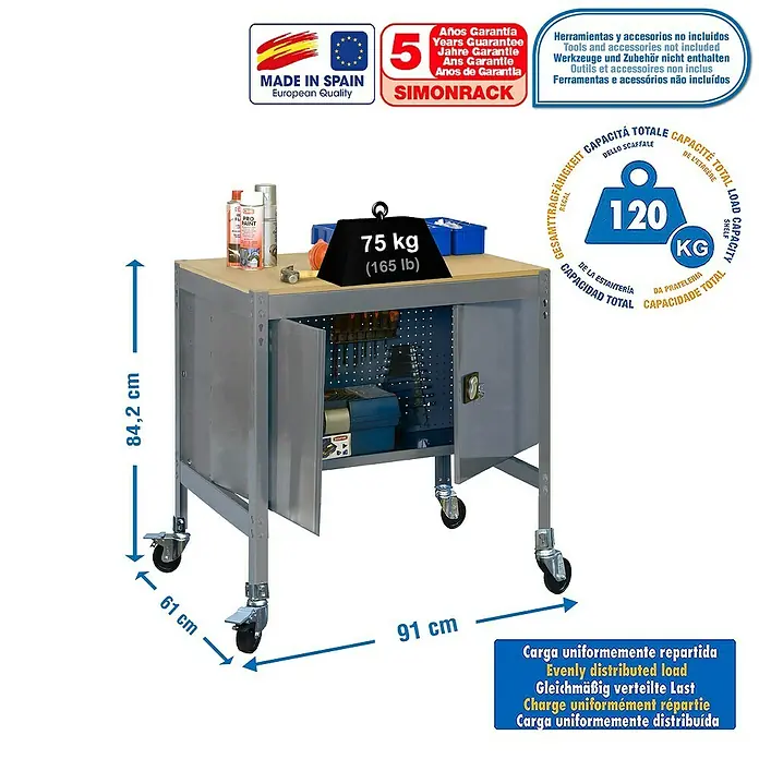 Simonrack Simonwork Banco de trabajo BT0 Locker Mobile - L x An x Al: 61 x 91 x 91,7 cm, Capacidad de carga: 120 kg, Gris - Dibujo técnico