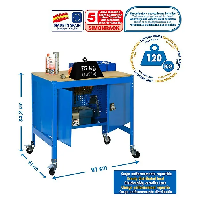 Simonrack Simonwork Banco de trabajo BT0 Locker Mobile - L x An x Al: 61 x 91 x 91,7 cm, Capacidad de carga: 120 kg, Azul - Dibujo técnico