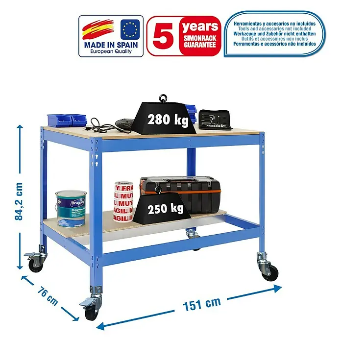 Simonrack Simonwork Banco de trabajo BT0 Mobile - L x An x Al: 76 x 151 x 91,7 cm, Capacidad de carga: 120 kg, Azul - Dibujo técnico
