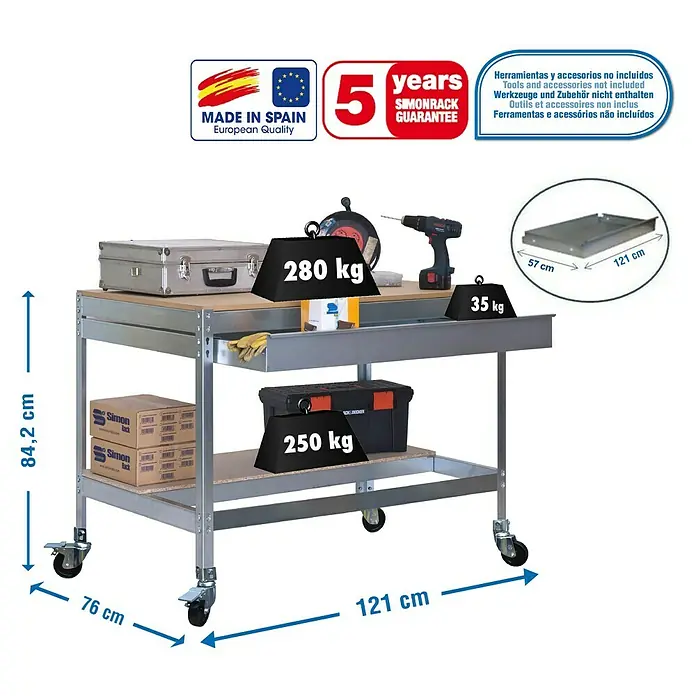 Simonrack Simonwork Banco de trabajo BT0 Box Mobile - L x An x Al: 76 x 121 x 91,7 cm, Capacidad de carga: 120 kg, Galvanizado - Dibujo técnico