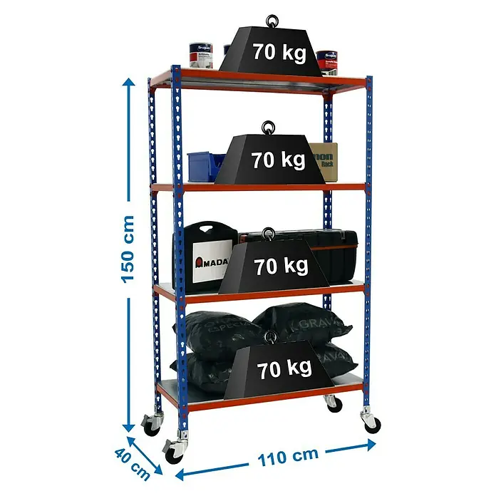 Simonrack Simonclick Estantería metálica Mobile Superplus - L x An x Al: 40 x 110 x 157,5 cm, Capacidad de carga: 75 kg/balda, Número de baldas: 4 ud., Inserción, Azul/Naranja - Dibujo técnico