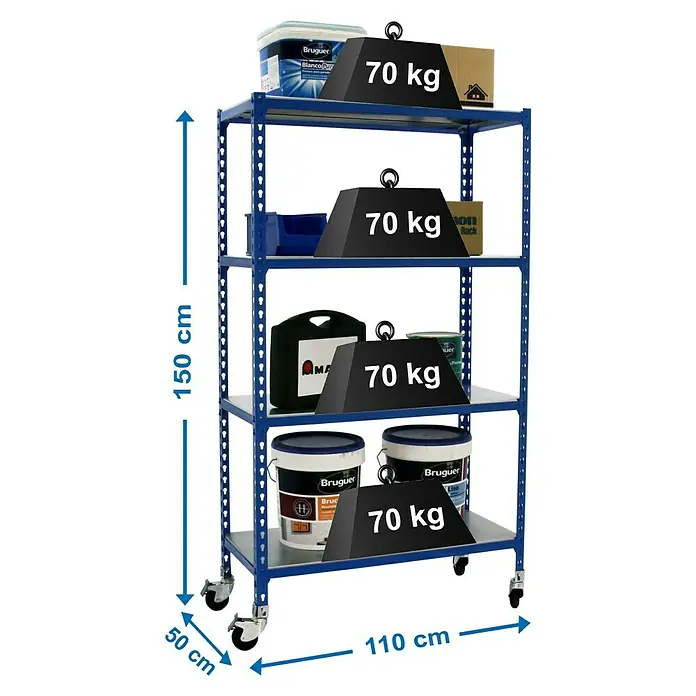 Simonrack Simonclick Estantería metálica Mobile Superplus - L x An x Al: 50 x 110 x 157,5 cm, Capacidad de carga: 75 kg/balda, Número de baldas: 4 ud., Inserción, Azul - Dibujo técnico
