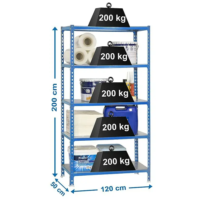 Simonrack Simonclick Estantería metálica Megaplus - L x An x Al: 50 x 120 x 200 cm, Capacidad de carga: 200 kg/balda, Número de baldas: 5 ud., Inserción, Azul - Dibujo técnico
