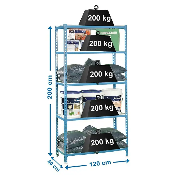 Simonrack Simonclick Estantería metálica Megaplus - L x An x Al: 40 x 120 x 200 cm, Capacidad de carga: 200 kg/balda, Número de baldas: 5 ud., Inserción, Azul/Blanco - Dibujo técnico