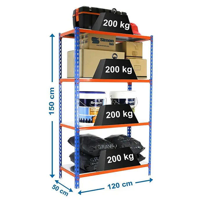 Simonrack Simonclick Estantería metálica Megaplus - L x An x Al: 50 x 120 x 150 cm, Capacidad de carga: 200 kg/balda, Número de baldas: 4 ud., Inserción, Azul/Naranja - Dibujo técnico