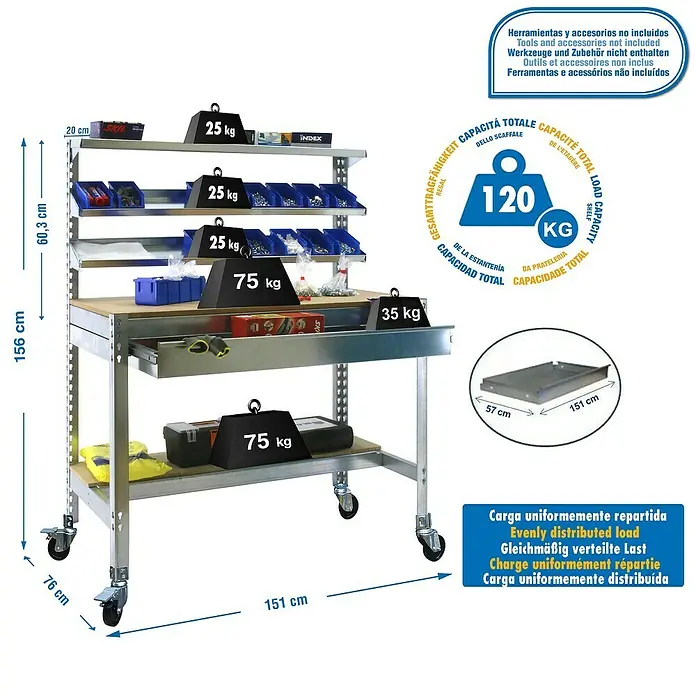 Simonrack Simonwork Banco de trabajo BT1 Box Mobile - L x An x Al: 76 x 151 x 152 cm, Capacidad de carga: 120 kg, Galvanizado - Dibujo técnico