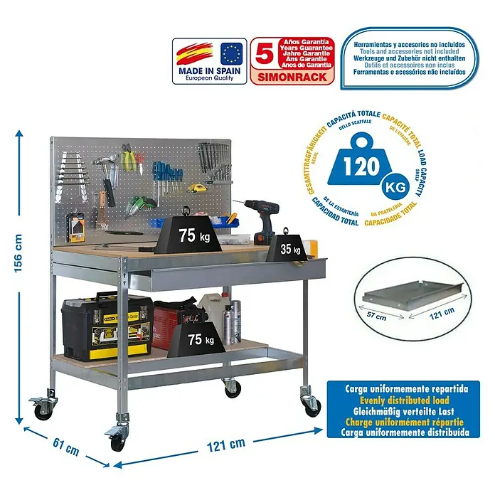 Simonrack Simonwork Banco de trabajo BT2 Box Mobile - L x An x Al: 61 x 121 x 152 cm, Capacidad de carga: 120 kg, Galvanizado - Dibujo técnico