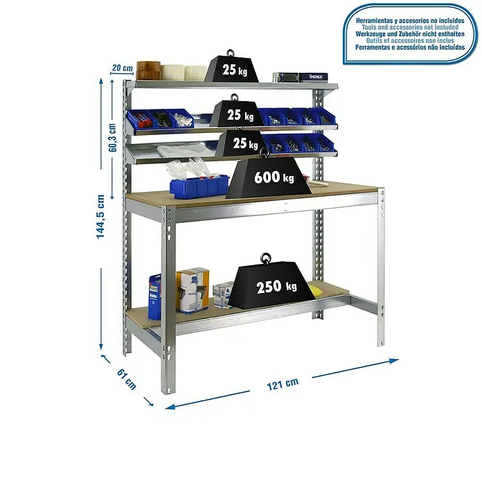 Simonrack Simonwork Banco de trabajo BT1 - L x An x Al: 61 x 121 x 144,5 cm, Galvanizado - Dibujo técnico