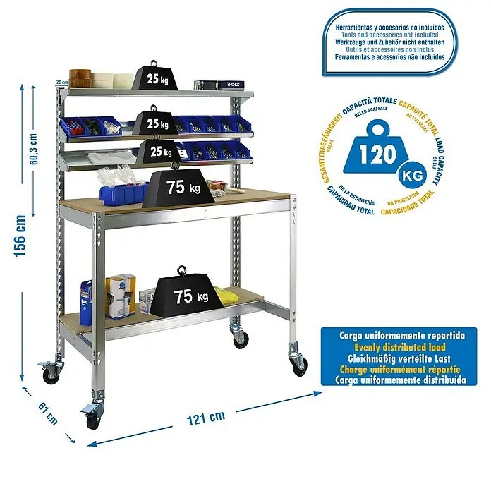 Simonrack Banco de trabajo BT1 Mobile - L x An x Al: 61 x 121 x 152 cm, Galvanizado - Dibujo técnico