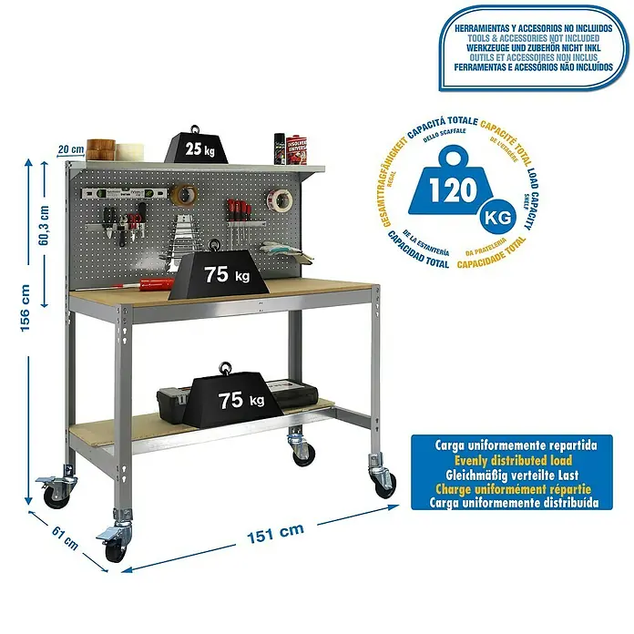Simonrack Simonwork Banco de trabajo BT3 Mobile - L x An x Al: 61 x 151 x 155 cm, Capacidad de carga: 120 kg, Gris - Dibujo técnico