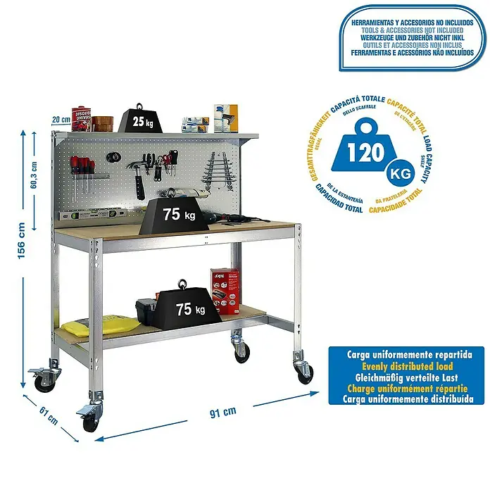 Simonrack Simonwork Banco de trabajo BT3 Mobile - L x An x Al: 61 x 91 x 152 cm, Capacidad de carga: 120 kg, Galvanizado - Dibujo técnico