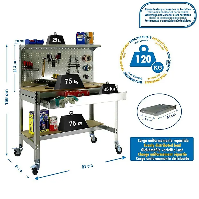 Simonrack Simonwork Banco de trabajo BT3 Box Mobile - L x An x Al: 61 x 91 x 152 cm, Capacidad de carga: 120 kg, Galvanizado - Dibujo técnico