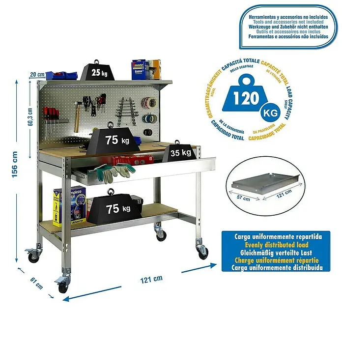 Simonrack Simonwork Banco de trabajo BT3 Box Mobile - L x An x Al: 61 x 121 x 152 cm, Capacidad de carga: 120 kg, Galvanizado - Dibujo técnico