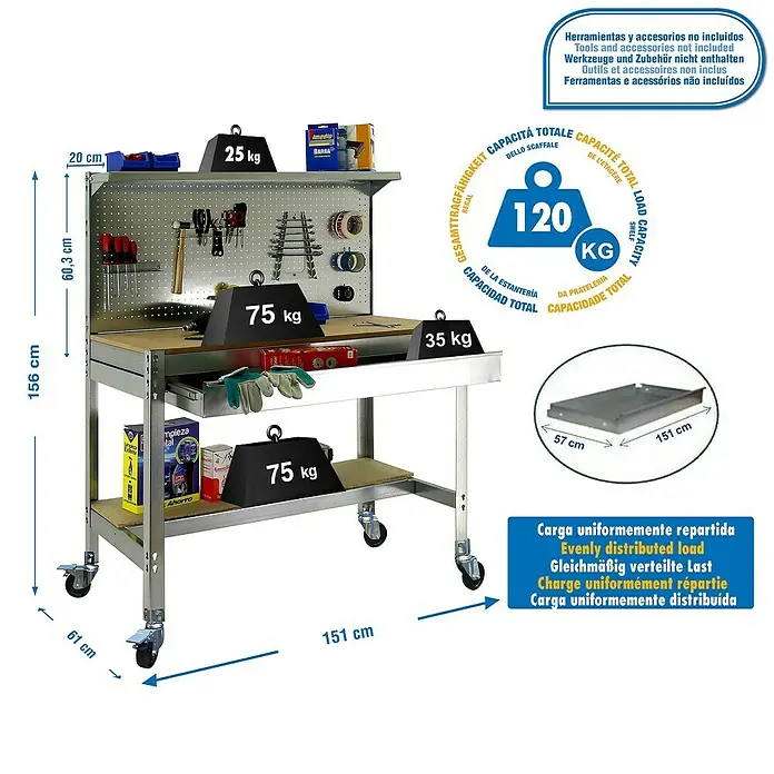 Simonrack Simonwork Banco de trabajo BT3 Box Mobile - L x An x Al: 61 x 151 x 152 cm, Capacidad de carga: 120 kg, Galvanizado - Dibujo técnico