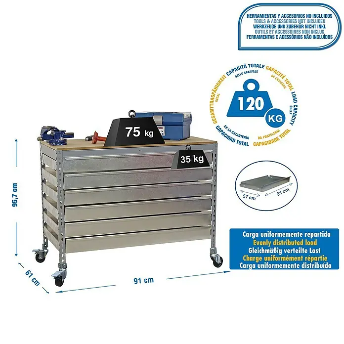 Simonrack Simonwork Banco de trabajo BT5 Box Mobile - L x An x Al: 61 x 91 x 95,7 cm, Capacidad de carga: 280 kg, Gris - Dibujo técnico