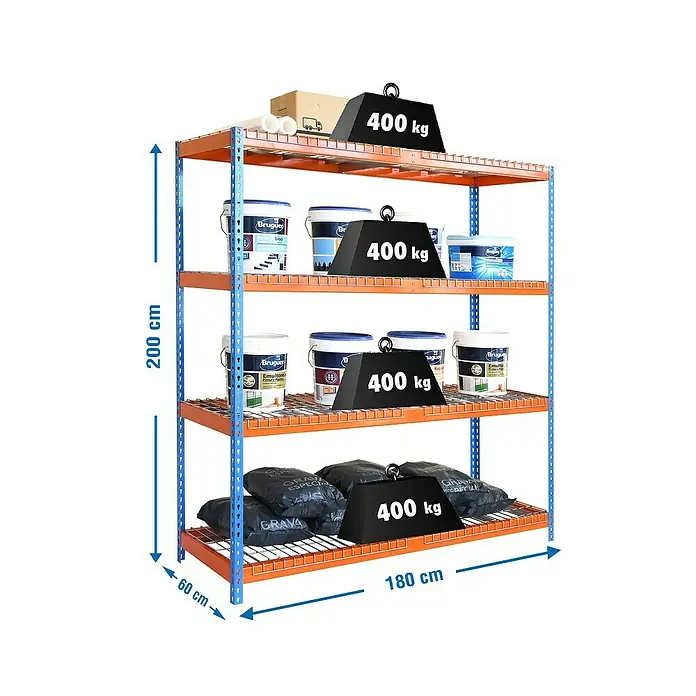 Simonrack Ecoforte Systemregal Rex - L x B x H: 60 x 180 x 250 cm, Traglast: 400 kg/Boden, Anzahl Böden: 4 Stk., Stecken, Blau/Orange - Skizze