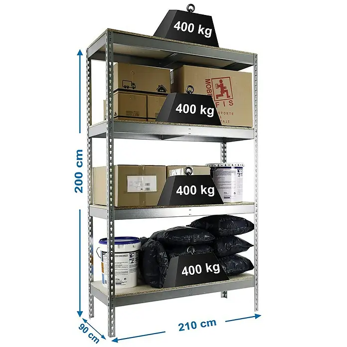 Simonrack Simonforte Estantería para cargas pesadas Chipboard - L x An x Al: 90 x 210 x 200 cm, Capacidad de carga: 400 kg/balda, Número de baldas: 4 ud., Galvanizado - Dibujo técnico