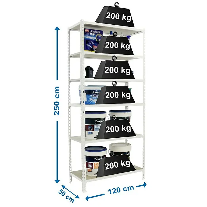 Simonrack Maderclick Estantería metálica Megaplus - L x An x Al: 30 x 80 x 250 cm, Capacidad de carga: 200 kg/balda, Número de baldas: 6 ud., Inserción, Blanco - Dibujo técnico