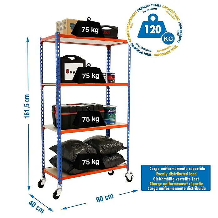 Simonrack Maderclick Estantería metálica Mobile - L x An x Al: 40 x 90 x 157,5 cm, Capacidad de carga: 75 kg/balda, Número de baldas: 4 ud., Inserción, Azul/Naranja - Dibujo técnico