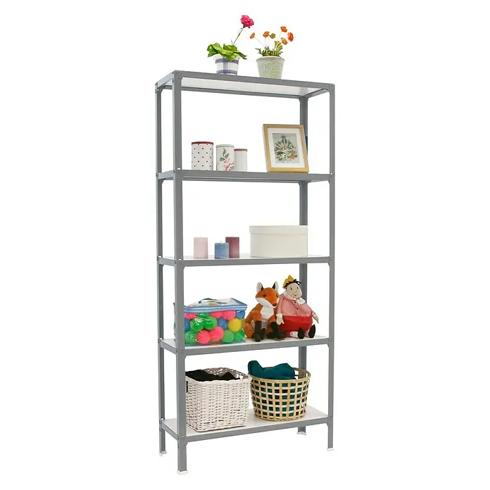 Simonrack Simonhome Estantería metálica Wood Mini - L x An x Al: 30 x 80 x 180 cm, Capacidad de carga: 150 kg/balda, Número de baldas: 5 ud., Gris/Blanco - Producto en uso