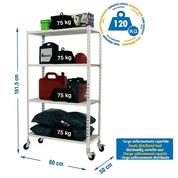 Simonrack Maderclick Estantería metálica Mobile Mini - L x An x Al: 50 x 80 x 157,5 cm, Capacidad de carga: 75 kg/balda, Número de baldas: 4 ud., Inserción, Blanco - Dibujo técnico