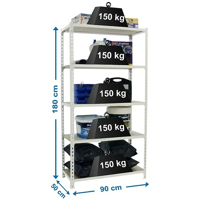 Simonrack Maderclick Estantería metálica - L x An x Al: 50 x 90 x 180 cm, Capacidad de carga: 150 kg/balda, Número de baldas: 5 ud., Inserción, Blanco - Dibujo técnico