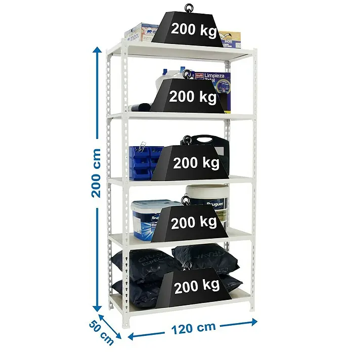 Simonrack Maderclick Estantería metálica Megaplus - L x An x Al: 50 x 120 x 200 cm, Capacidad de carga: 200 kg/balda, Número de baldas: 5 ud., Inserción, Blanco - Dibujo técnico
