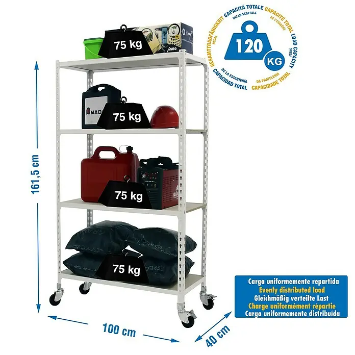 Simonrack Maderclick Estantería metálica Mobile Plus - L x An x Al: 40 x 100 x 157,5 cm, Capacidad de carga: 75 kg/balda, Número de baldas: 4 ud., Inserción, Blanco - Dibujo técnico