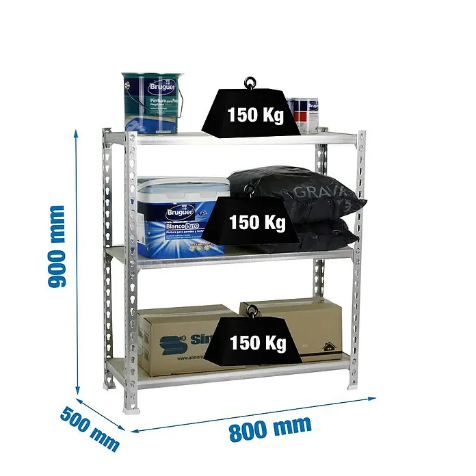 Simonrack Maderclick Estantería metálica Mini - L x An x Al: 50 x 80 x 90 cm, Capacidad de carga: 150 kg/balda, Número de baldas: 3 ud., Galvanizado - Dibujo técnico