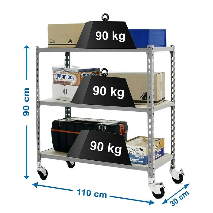 Simonrack Maderclick Estantería metálica Mobile Superplus - L x An x Al: 30 x 110 x 97,5 cm, Capacidad de carga: 75 kg/balda, Número de baldas: 3 ud., Inserción, Gris - Dibujo técnico