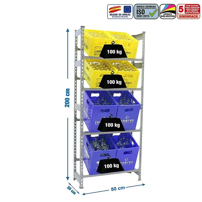 Simonrack Simonbottle Estantería para cajas de bebidas - L x An x Al: 30 x 80 x 200 cm, Capacidad de carga: 100 kg/balda, Número de baldas: 4 ud., Gris - Dibujo técnico