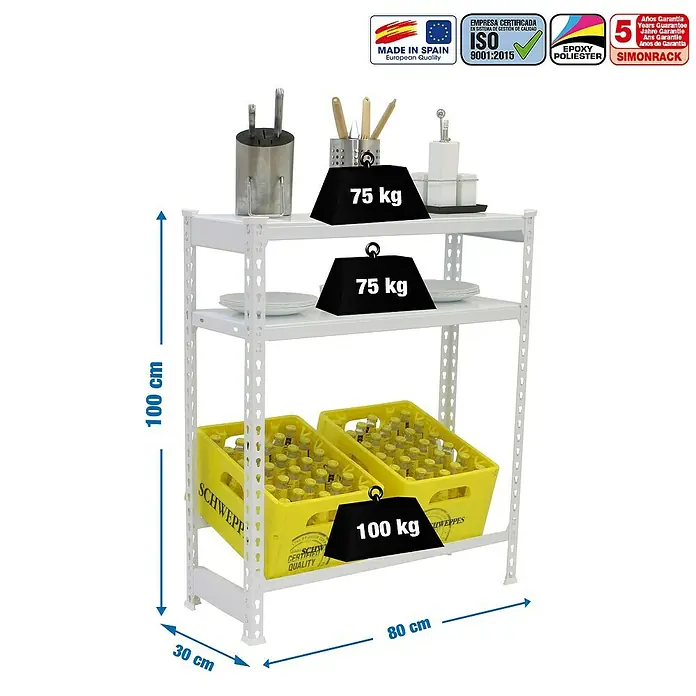 Simonrack Simonbottle Estantería para cajas de bebidas Shelf - L x An x Al: 30 x 80 x 100 cm, Capacidad de carga: 100 kg/balda, Número de baldas: 3 ud., Blanco - Dibujo técnico